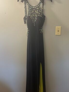 Navy Blue Beaded Halter Prom Dress with Green Accent